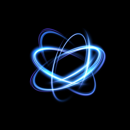 Atom particle light effect. Atom structure science sign. Gradient atom vector model.