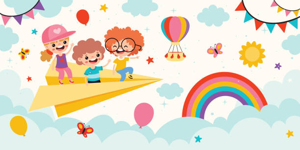 illustrations, cliparts, dessins animés et icônes de happy children on sky background - sun sky child balloon