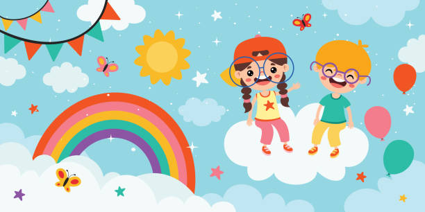 illustrations, cliparts, dessins animés et icônes de happy children on sky background - sun sky child balloon
