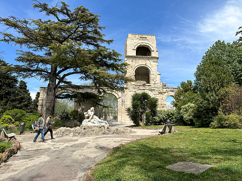 Jardin d'été park, in the old city of Arles, France. Arles is a city and commune in the south of France. 19th-century hillside urban oasis with local & exotic plants, tree-lined paths & public sculptures.