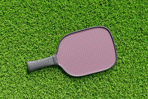 Pickleball racket on lawn grass. 3D rendering closeup