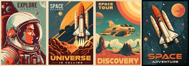 Space discovery colorful set flyers Space discovery colorful set flyers intergalactic ships and brave astronaut for science fiction literature about colonization distant planets vector illustration retro spaceship stock illustrations