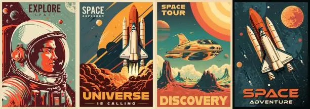 Vector illustration of Space discovery colorful set flyers
