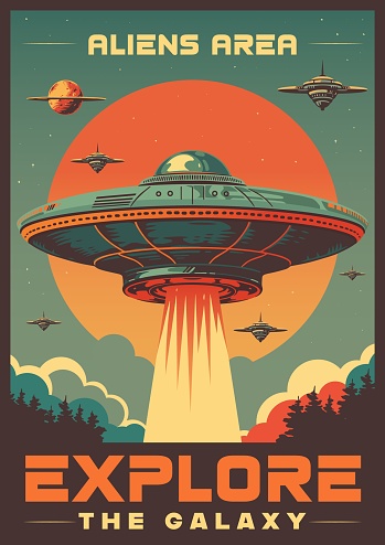 Aliens area vintage poster colorful with UFO saucer flying over forest for concept martian attack on planet earth vector illustration