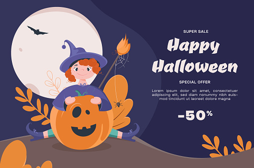 Discount children's banner for Halloween. Banner with a Halloween witch with pumpkin and a discount - 50%. Vector illustration.