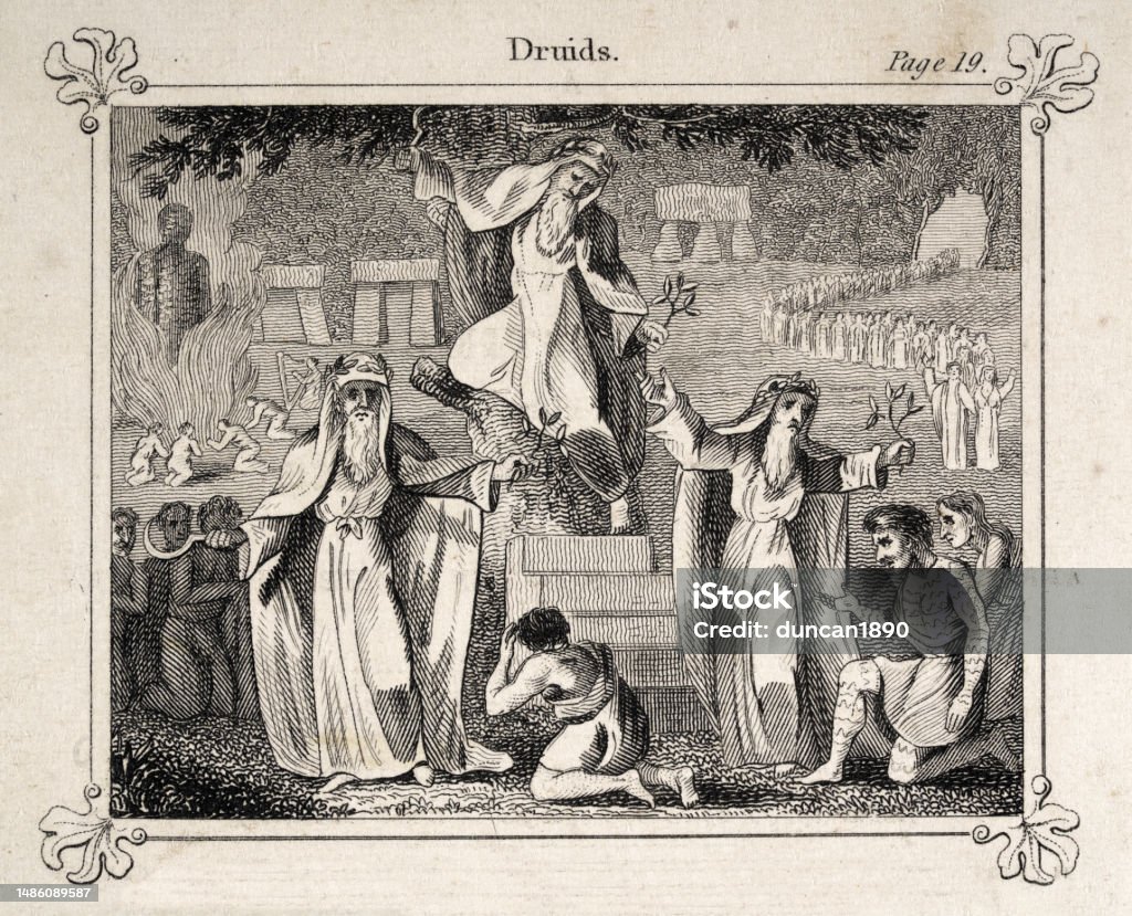 Ancient Druids of Britain, Stone circle, henge, burning Wicker man Human sacrifice, History Paganism Vintage illustration, Ancient Druids of Britain, Stone circle, henge, burning Wicker man Human sacrifice. Druids were members of the learned class among the ancient Celts. They acted as priests, teachers, and judges.  Image created 1825 Adult stock illustration