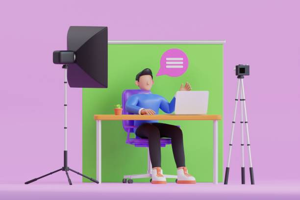 istock Man making video tutorial using camera at home.  blogger making a video for his blog.  Video blog recording. 3d illustration 1486089695