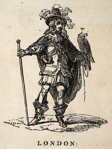 Vintage illustration, English nobleman with hawk on his wrist, Falconry, 17th Century sports