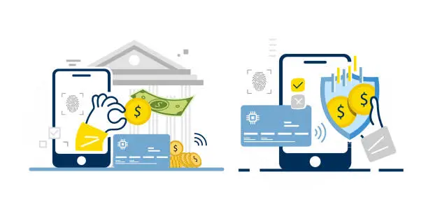 Vector illustration of Financial illustration or scure digital transaction with mobile, piggy bank, bank, budget, finance, deposit, transfer, credit card concept flat style vector design.