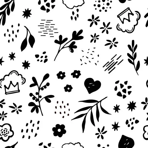 Vector illustration of Seamless doodle pattern of various pencil drawing shapes - flowers, dots, twigs, crown, cloud. freehand ink sketch. Vector illustration isolated on white background.