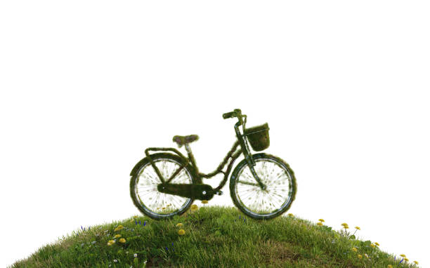 bicyclce on grass field environment frieldly concept, 3d illustration rendering