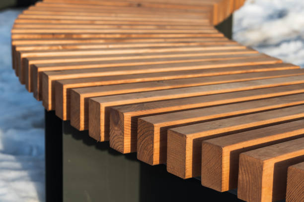 istock Bent wooden bench construction. Abstract architecture background 1486095062
