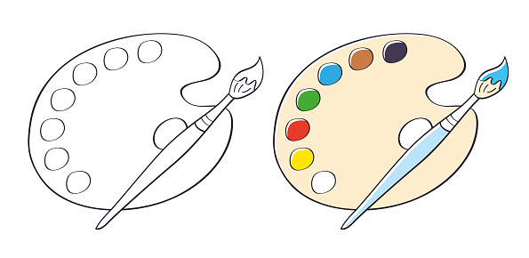 Painting art palette with paint colors swatches and paintbrush isolated vector illustration and line sketch drawing for coloring.