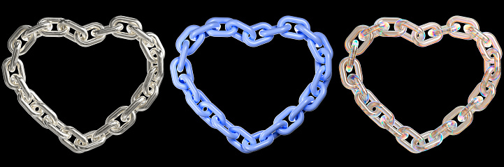 Set de tres pegatinas para San Valentín. Representación 3D de la forma del corazón de la cadena. Corazones en la textura de plástico, cromo y holográfico.  Ilustración aislada sobre fondo blanco. photo