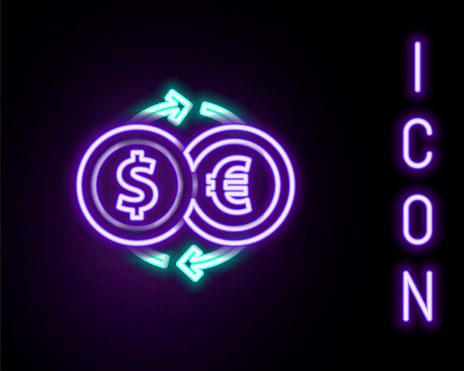 Glowing neon line Money exchange icon isolated on black background. Euro and Dollar cash transfer symbol. Banking currency sign. Colorful outline concept. Vector.