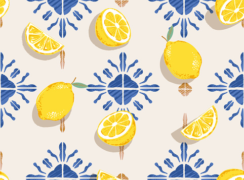 Trendy cute garden Picnic  with Lemon fruit on Tile Illustration , Vacation Holiday seamless pattern ,Design for fashion , fabric, textile, wallpaper , wrapping and all prints