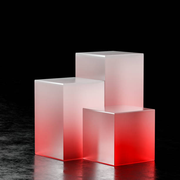 3d rendering clear aqua blue glass pedestals and wavy shape divider wall. Minimal background design for cosmetic product or accessory display.