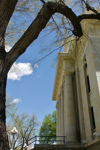 Side view of a traditional county courthouse