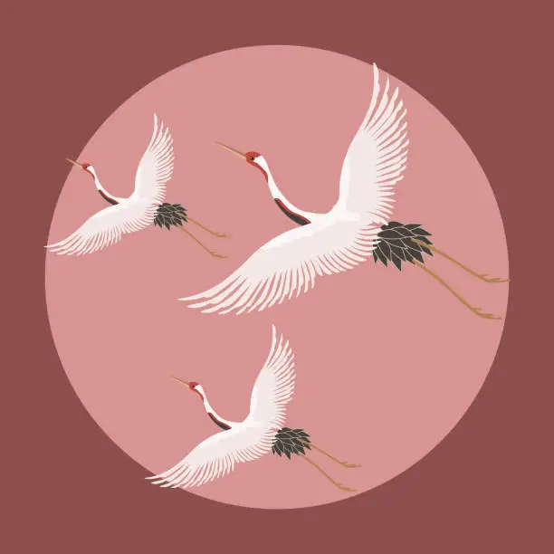 Vector illustration of White flying cranes on the sky with the moon