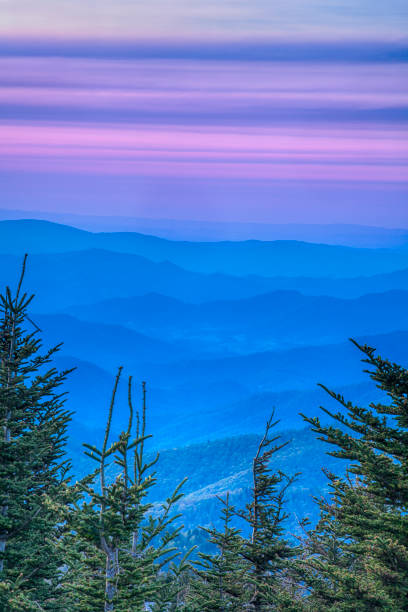 Dusk over the Blue Ridge Mountains seen from Mount Mitchell Blue mountain ridges seen from Mount Mitchell, the highest peak east of the Mississippi River mt mitchell stock pictures, royalty-free photos & images