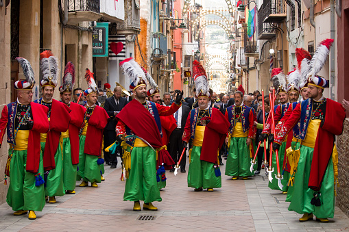 04-22-2023, Alcoy, Spain. Traditional Moors and Christians festivals in Alcoy. Cordon squad in the act of reveille