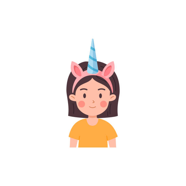 istock Smiling child girl with pink headband with blue horn flat style 1486108196