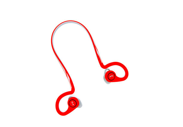 Close up and top view Red Bluetooth earphones isolated on white background. Flat lay of electronic device, gadget or earpiece.