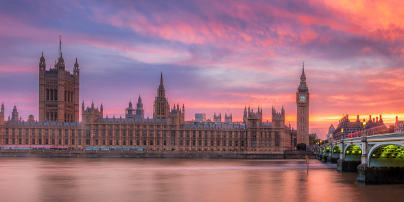 Dramatic skies at sunset over the House of Parliament in London