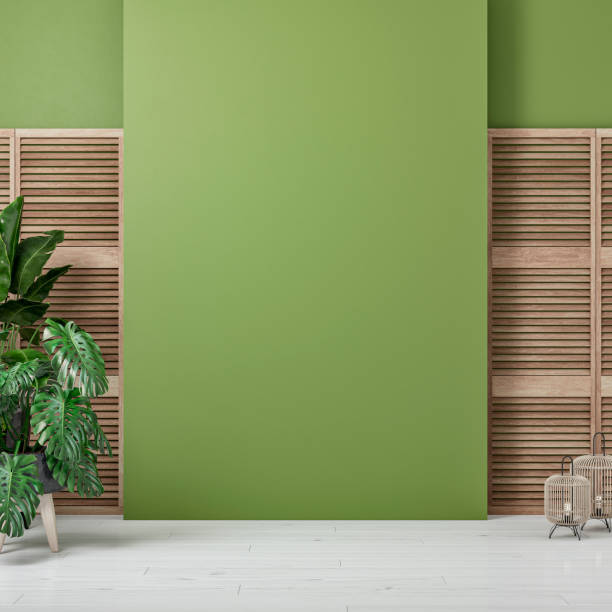 istock Cozy retro-chic interior with a large blank wall background, slat doors and potted plants, the 50s- 60s decoration 1486108814