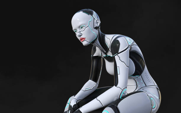istock A woman AI cyborg pose on black background 1486110308