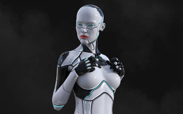 istock A woman AI cyborg pose on black background 1486110319