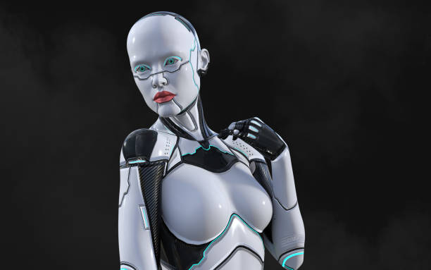 istock A woman AI cyborg pose on black background 1486110329