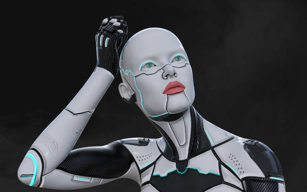 istock A woman AI cyborg pose on black background 1486110330