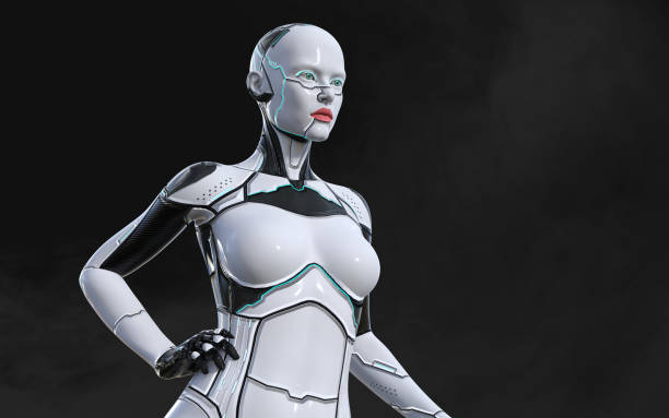 istock A woman AI cyborg pose on black background 1486110337