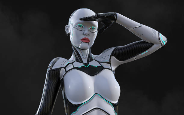 istock A woman AI cyborg pose on black background 1486110347