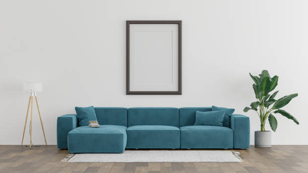 Mock up frame in home interior background, beige room with minimal decor, 3d render