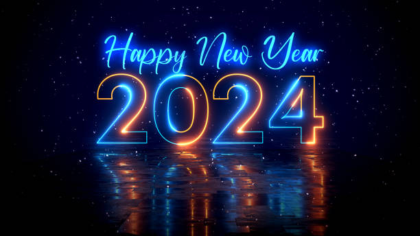 ilustrações, clipart, desenhos animados e ícones de azul futurista laranja brilhante luz neon feliz ano novo 2024 lettering com reflexão do chão em meio à neve caindo - reveillon