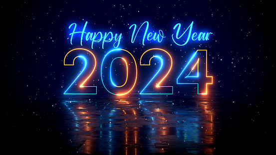 Futuristic Blue Orange Glowing Neon Light Happy New Year 2024 Lettering With Floor Reflection Amid The Falling Snow On Dark Background