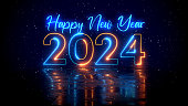 Futuristic Blue Orange Glowing Neon Light Happy New Year 2024 Lettering With Floor Reflection Amid The Falling Snow