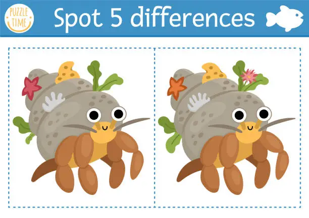 Vector illustration of Find differences game for children. Under the sea educational activity with cute hermit crab. Ocean life puzzle for kids with water animal character. Underwater printable worksheet or page