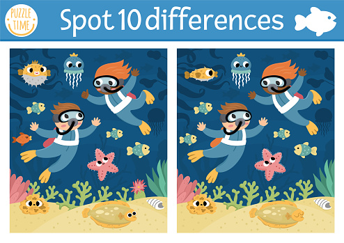 Find differences game for children. Under the sea educational activity with scene with divers, starfish. Ocean life puzzle for kids with water animal character. Underwater printable worksheet or page