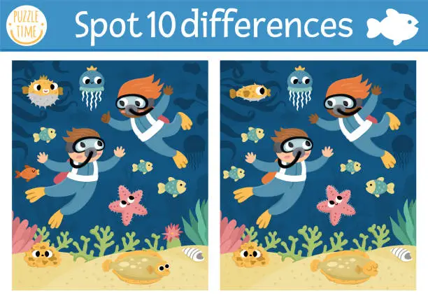 Vector illustration of Find differences game for children. Under the sea educational activity with scene with divers, starfish. Ocean life puzzle for kids with water animal character. Underwater printable worksheet or page