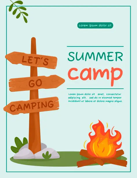 Vector illustration of A4 poster for summer camping, travel, trip, hiking, tourist, nature, travel, picnic. Design of a poster, banner, leaflet, cover, special offer, advertisement. Vector illustration in a flat style.