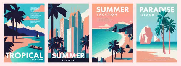 Vector illustration of Summer nature landscape poster, cover, card set with sea view, sunny beach, mountains, city ​​with skyscrapers and typography design. Summer holidays, vacation travel in South east Asia illustrations.