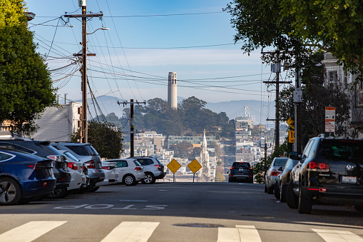 San Francisco, United States - November 25, 2022: A picture of the Coit Tower as seen from the Russian Hill.