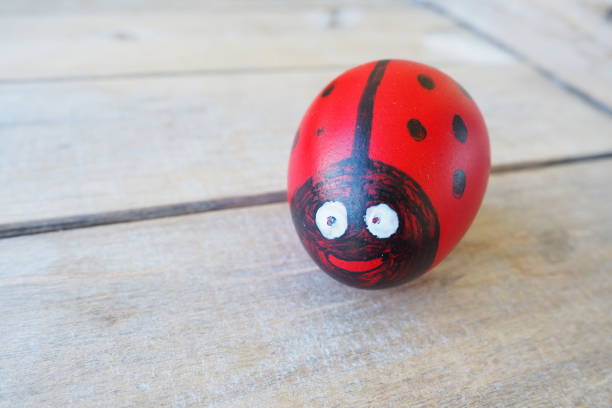 istock Easter egg painted red, white and black with a cheerful face of ladybug. Boiled chicken dyed egg with red shell. White wooden table background. Big eyes on fun face. Copy space. Black dots on wings. 1486117807