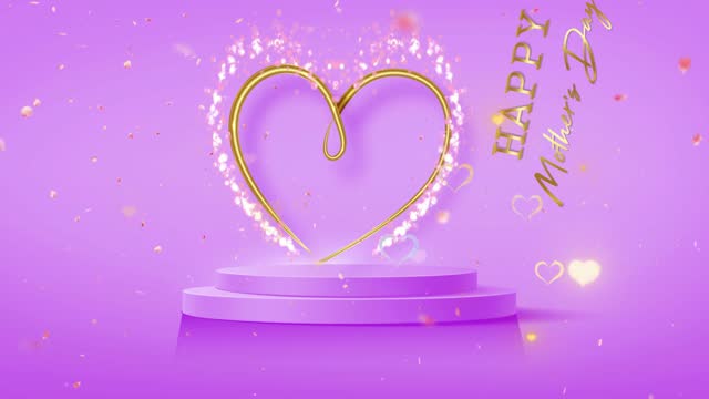 Animated pink podium with hearts flying in the air. Video Mother's Day, Podium for product, cosmetic presentation. Mock up. Pedestal or platform for beauty. 3D Illustration with gold special effects