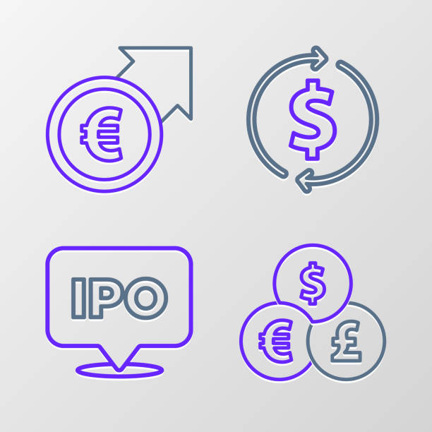 Set line Currency exchange, IPO, Financial growth and dollar and euro icon. Vector Set line Currency exchange IPO Financial growth and dollar and euro icon. Vector. banknote euro close up stock illustrations