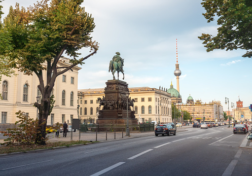 Unter den Linden Boulevard with Frederick the Great Statue and Fernsehturm TV Tower - Berlin, Germany