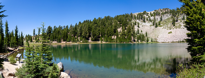 Lassen NP, CA - July 14, 2022:  View of Lake Emerald and surrounding peaks and formations